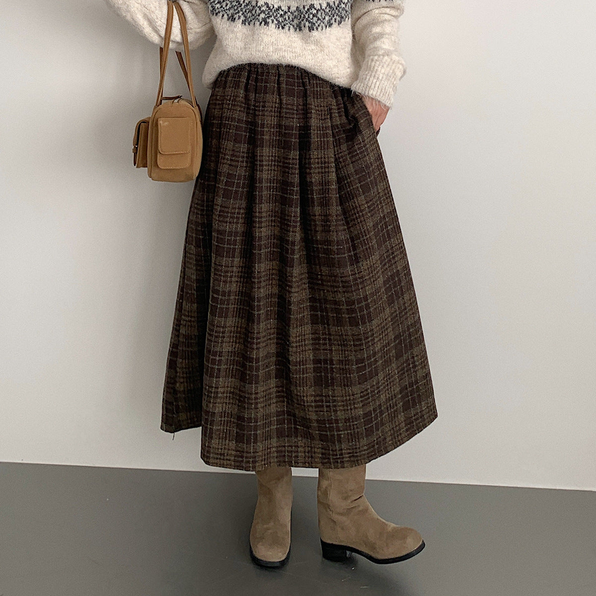 【LD11008】實拍復古毛呢格子高腰a字裙(左右有口袋）251110