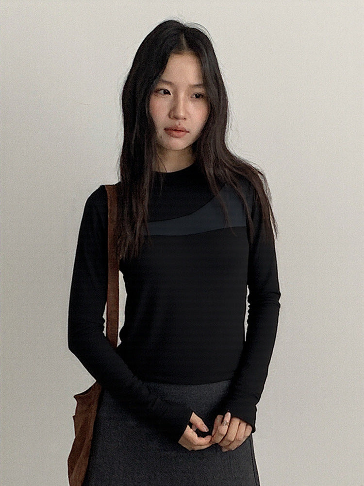 【LD11024】實拍氣質網紗拼接加絨半高領長袖T恤251124