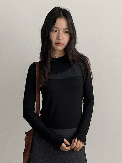 【LD11024】實拍氣質網紗拼接加絨半高領長袖T恤251124