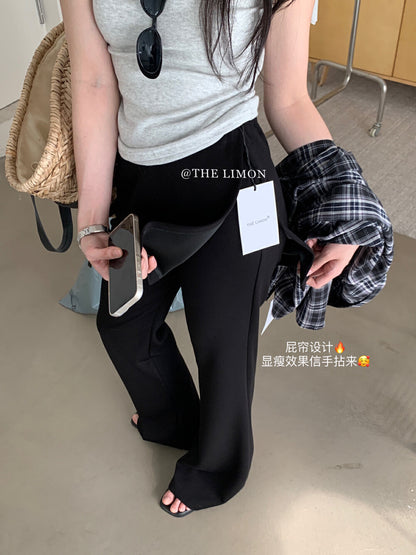 【L8385】實拍檸檬假兩件高腰顯瘦屁簾微喇褲250414
