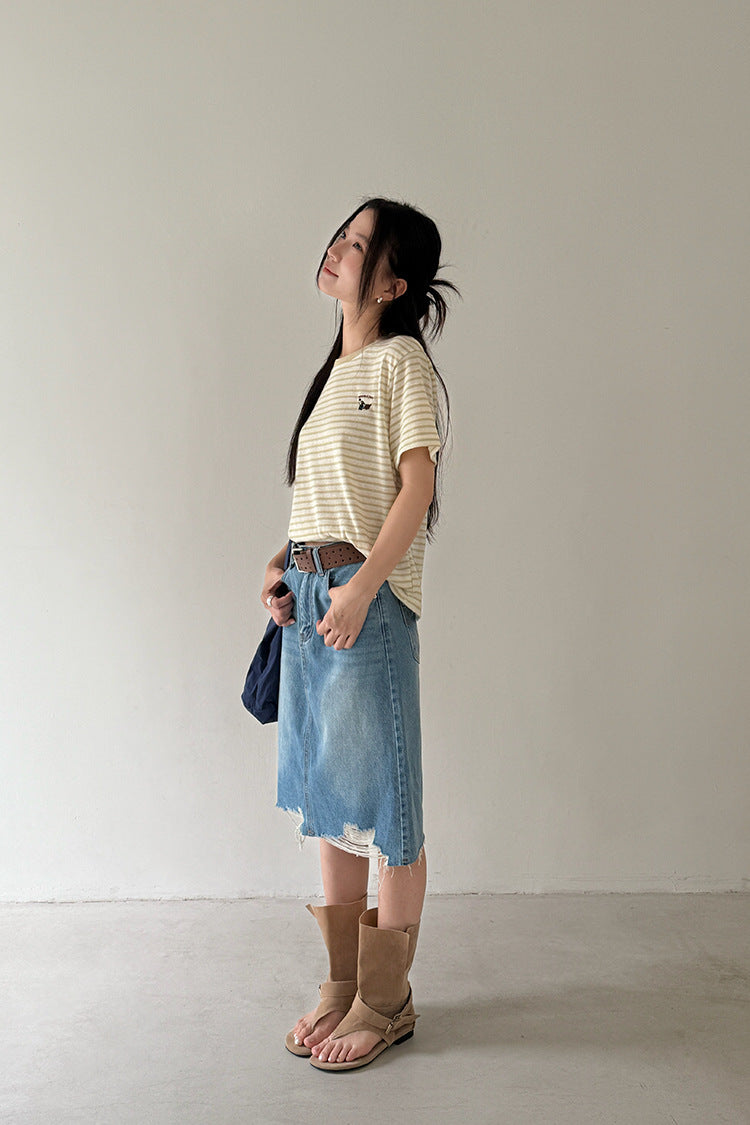 【LD11235】實拍韓系清新氧氣感🍃經典百搭條紋刺繡圓領短袖T恤260414