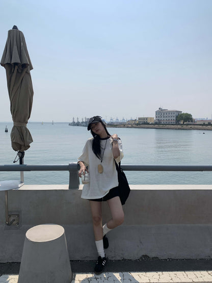【H5310】 實拍韓系慵懶雪花棉寬鬆五分袖防曬T恤250610