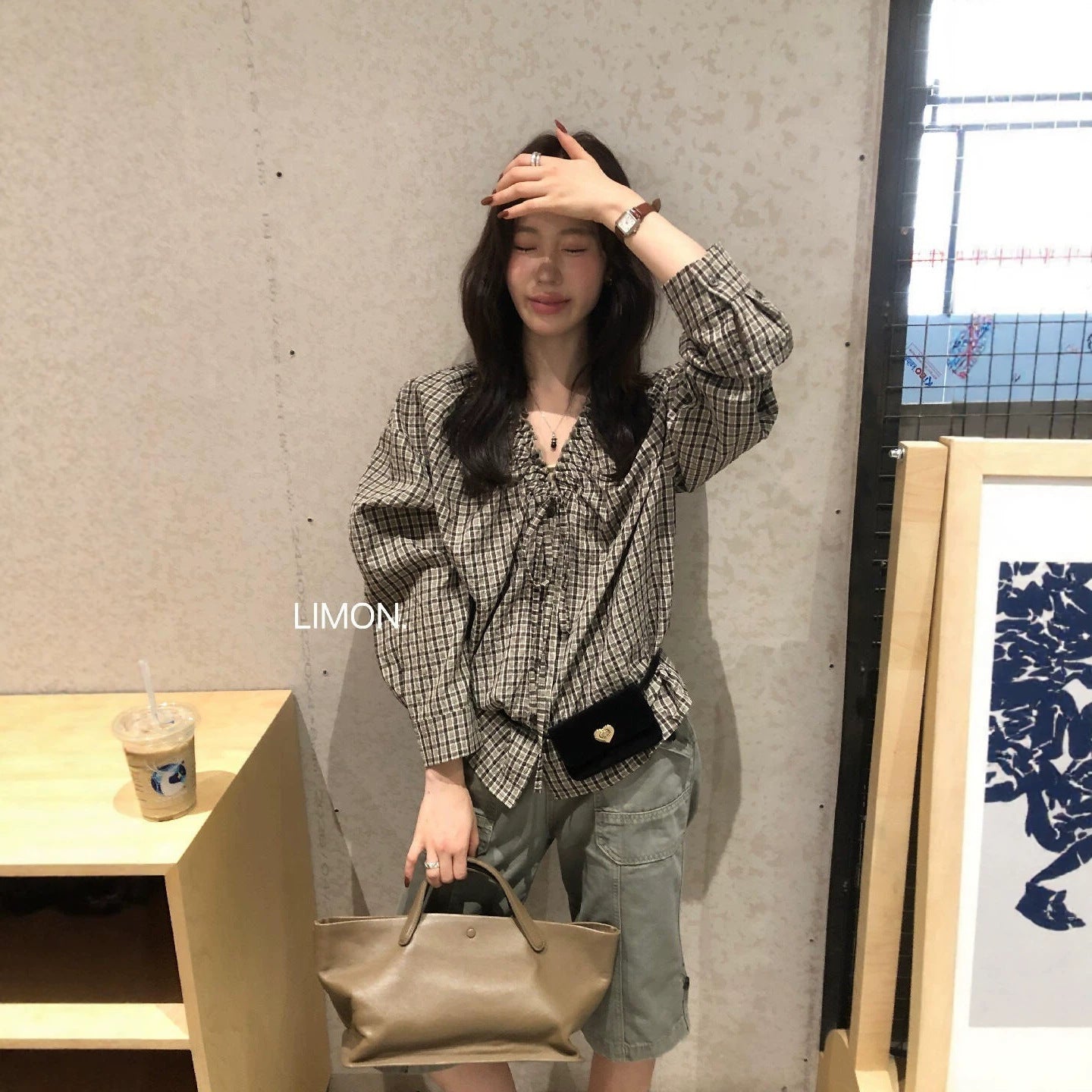 【L11016】檸檬2026早秋韓系少女復古格紋綁帶V領長袖襯衫260728