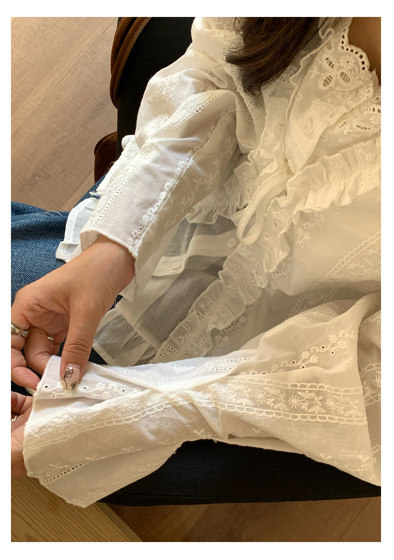 【H5421】實拍早秋氣質小荷葉刺繡棉質襯衫250909
