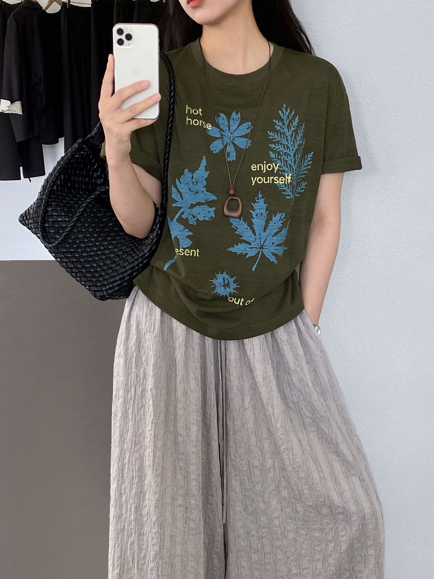 【cimz1973】夏日森林系女孩🍃韓系復古樹葉印花寬鬆高級感短袖T恤260709