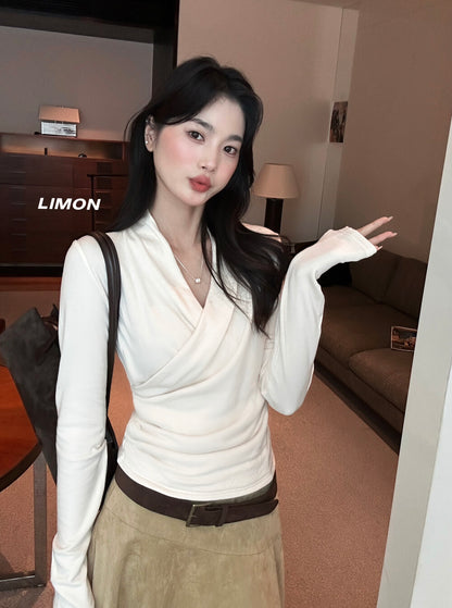 【L9312】檸檬法式簡約交叉羊絨薄绒V領長袖T恤251117