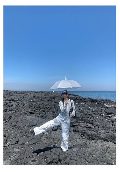 【H5386】實拍寬鬆薄款防曬圓領條紋長袖T恤250902