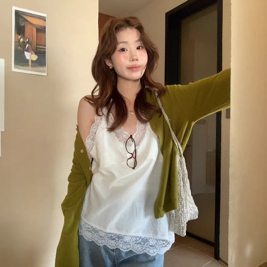 【L10152】實拍檸檬家溫柔層次疊穿🤍氣質蕾絲拼接針織寬鬆中長版細肩帶背心260330