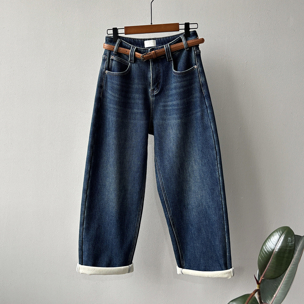 【Y98395】實拍S~XL復古加絨直筒牛仔褲含腰帶251106