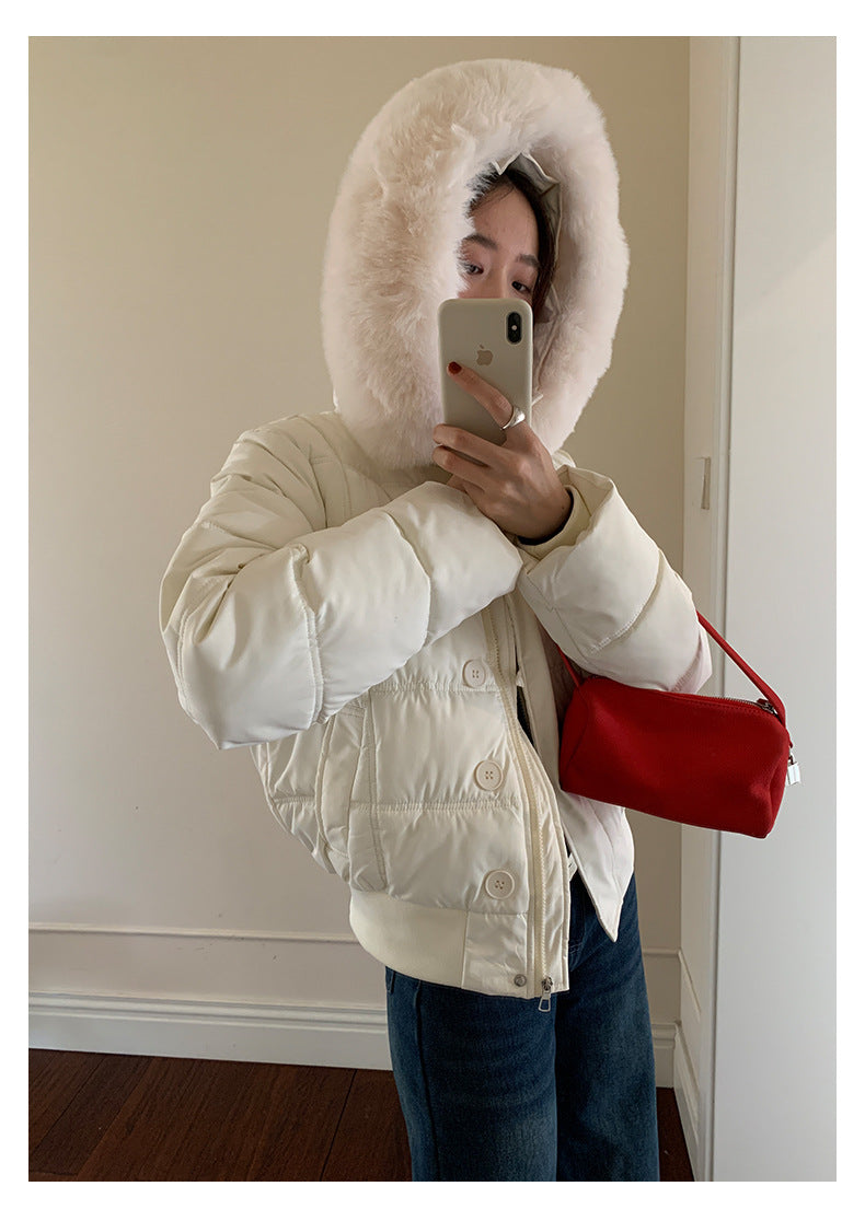 【H5501】實拍奶油風毛領連帽短款加厚棉服251118