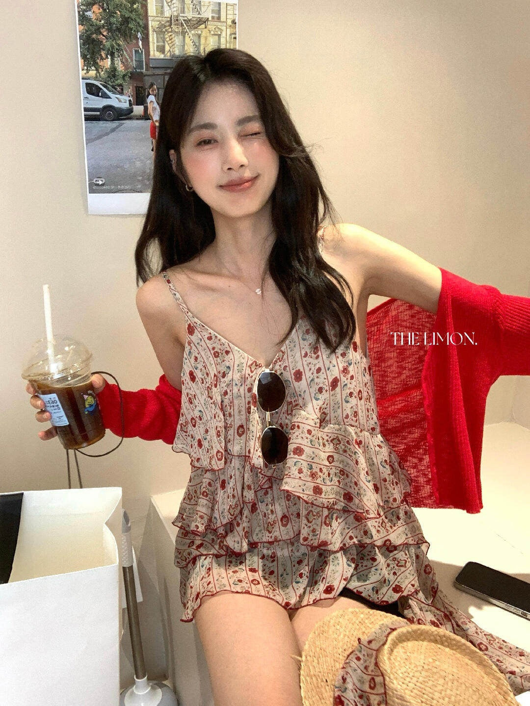 【L10658】復古甜美少女感🎀浪漫碎花飄帶荷葉邊無袖細肩帶背心上衣260518