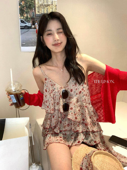 【L10658】復古甜美少女感🎀浪漫碎花飄帶荷葉邊無袖細肩帶背心上衣260518