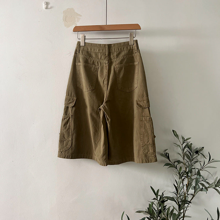 【LD11406】S~XL美式街頭帥女孩😎寬鬆顯瘦卡其綠工裝風五分牛仔寬短褲260720