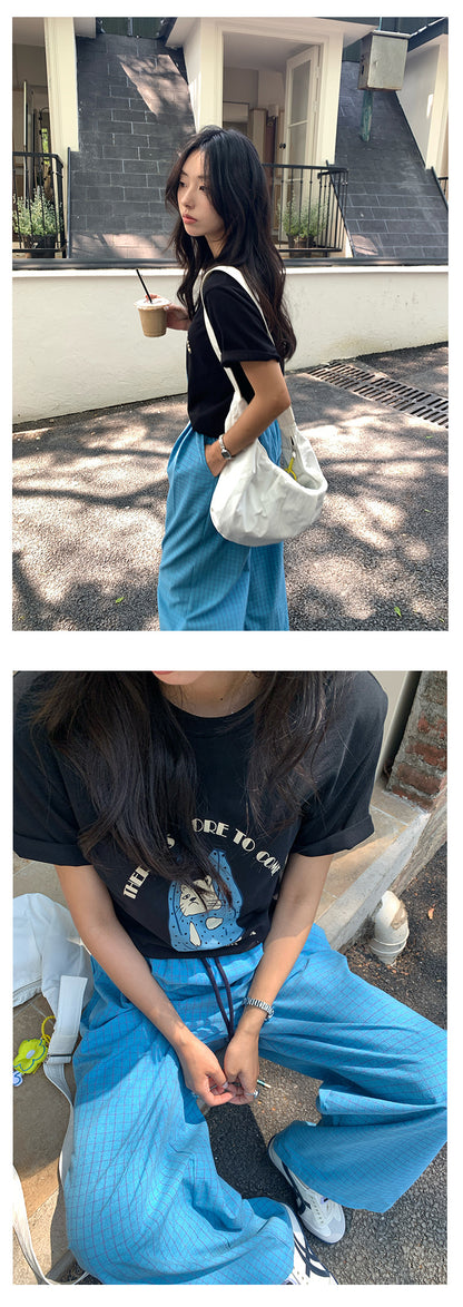 【H5164】實拍夏天舒適休閒格紋寬鬆闊腿褲抽繩鬆緊腰250407