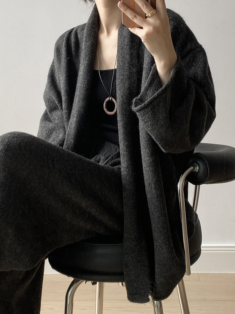 【YP1018】 實拍秋冬高級感慵懶針織開衫＋繫帶＋高腰針織闊腿褲 套裝251023