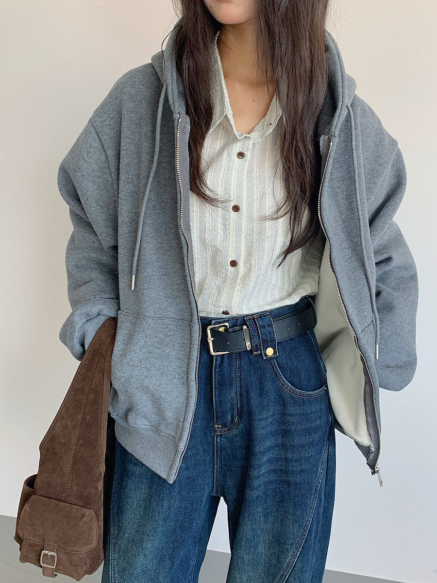 【LD11030】實拍冬季慵懶加絨加厚連帽衞衣外套251124