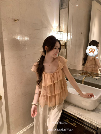 【L28012】法式甜美少女感🎀百搭減齡精緻蕾絲邊飛飛袖短袖上衣260526