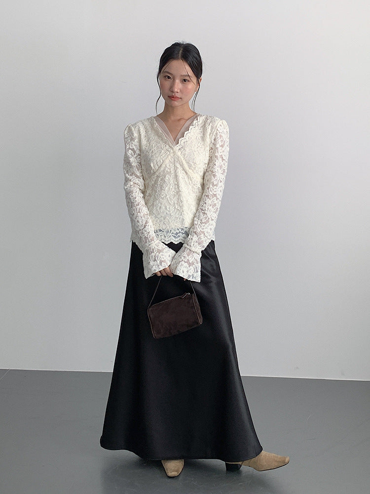 【LD3295】實拍法式喇叭袖加絨蕾絲衫251103