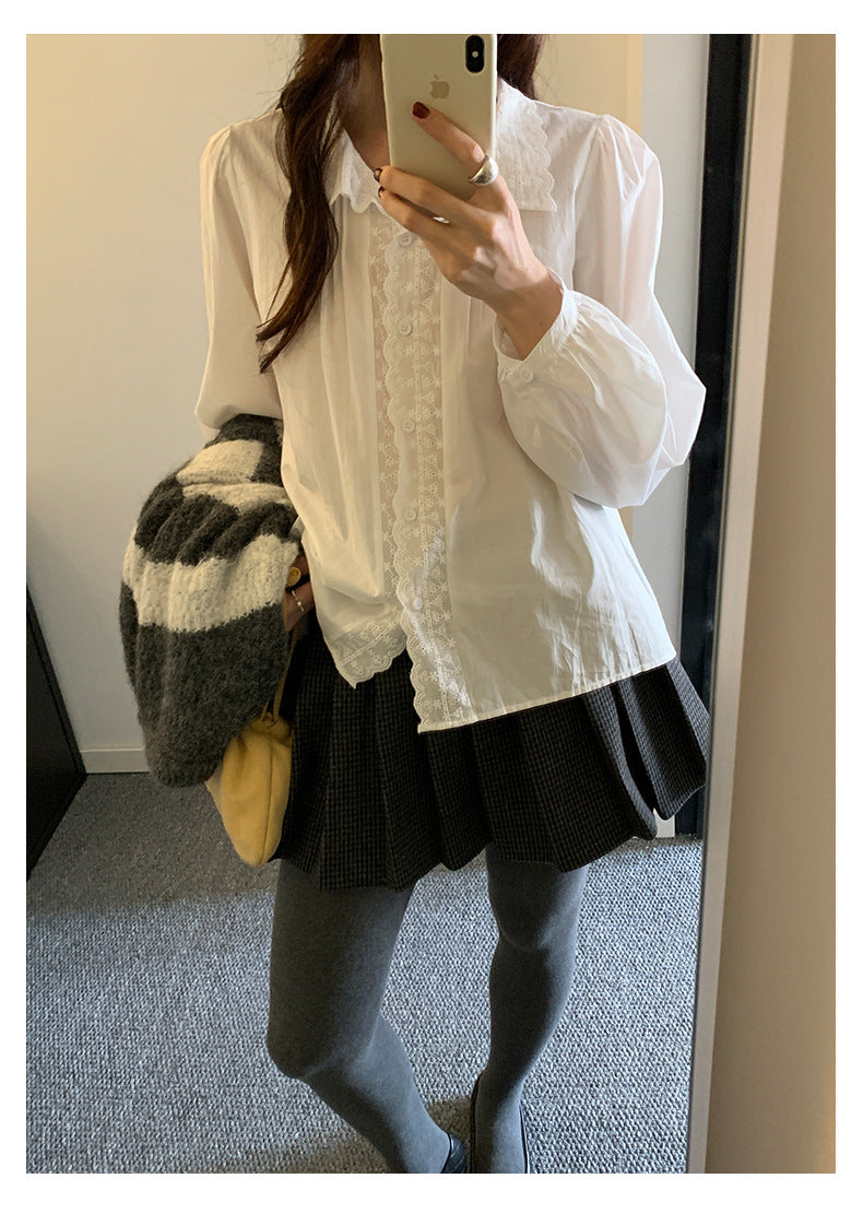 【H5488】實拍法式温柔蕾絲長袖襯衫251109