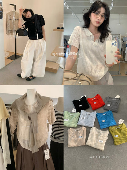 【LSC1088】實拍檸檬極簡高級鬆弛感☕夏日寬鬆顯瘦POLO領短袖針織衫260318
