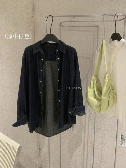 【LDY002】檸檬家美式復古・原色通勤翻領牛仔長袖襯衫260831