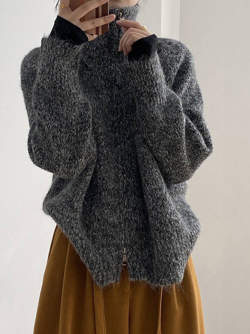 【YP1042】 實拍軟糯寬鬆高領針織毛衣外套(含羊毛4%) 251023