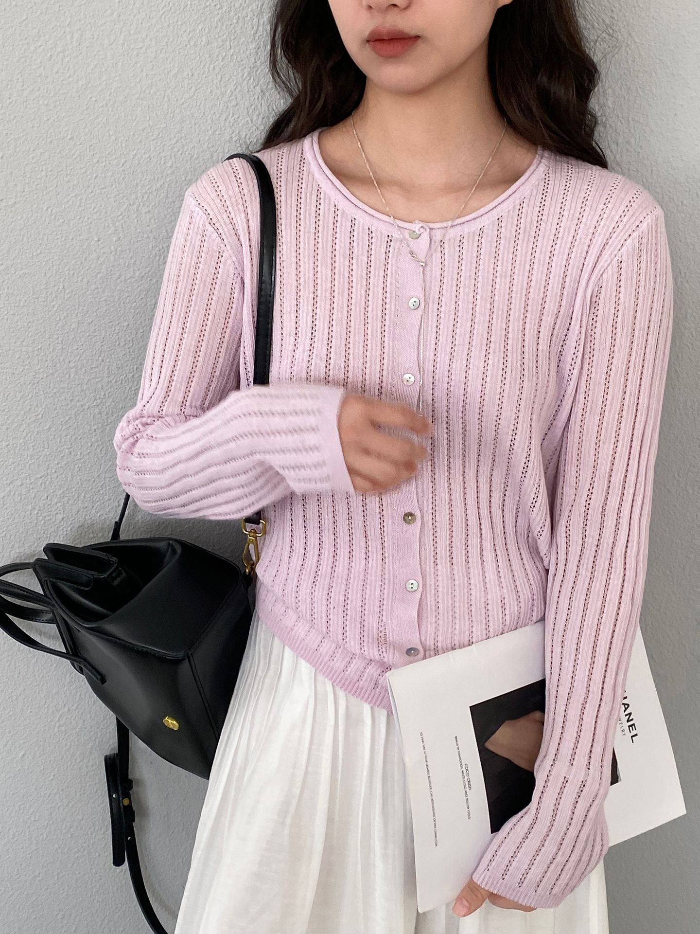 【cimzW6005】早春韓系溫柔☁️捲邊領鏤空薄款羊毛針織小外套/罩衫260319