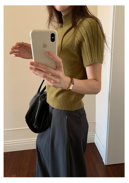 【H5516】實拍高領氣質短袖針織衫251125