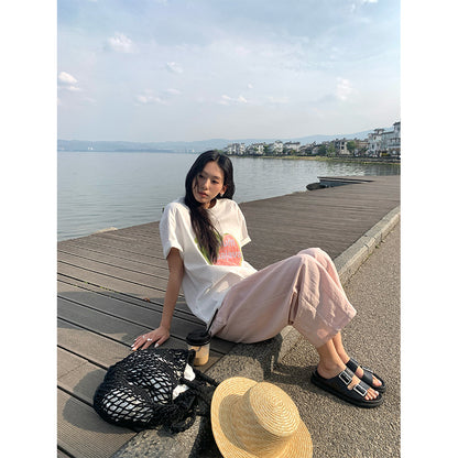 【H5196】實拍夏天超舒服的棉麻褶皺寬鬆闊腿褲250415