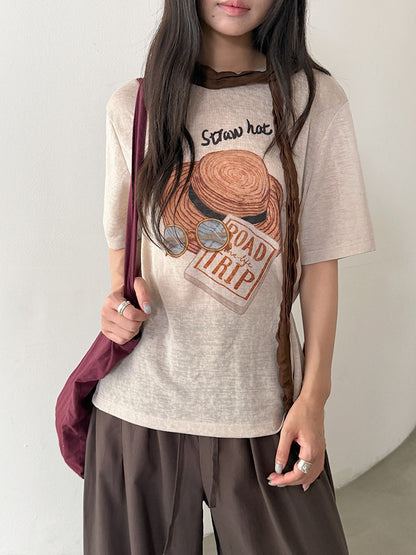 【LD11375】美式復古休閒風😎帽子印花寬鬆短袖天絲T恤+圍脖兩件套260707