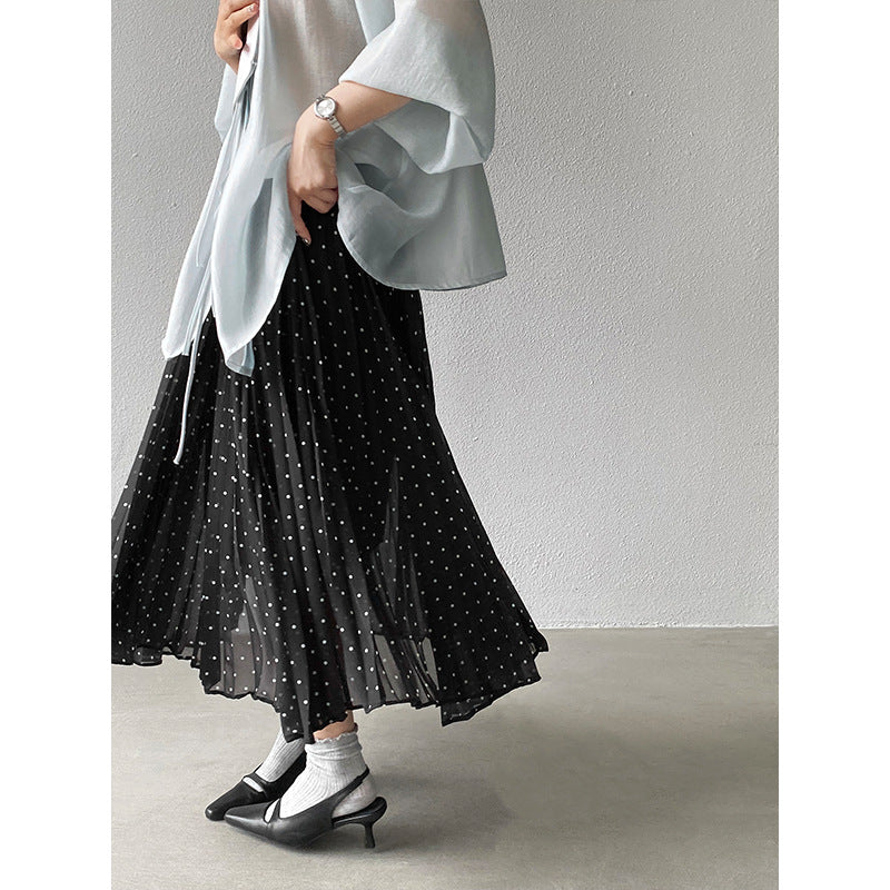 【cimz6527】法式赫本風🖤超重工4米用料黑色波點百褶高腰長裙260416