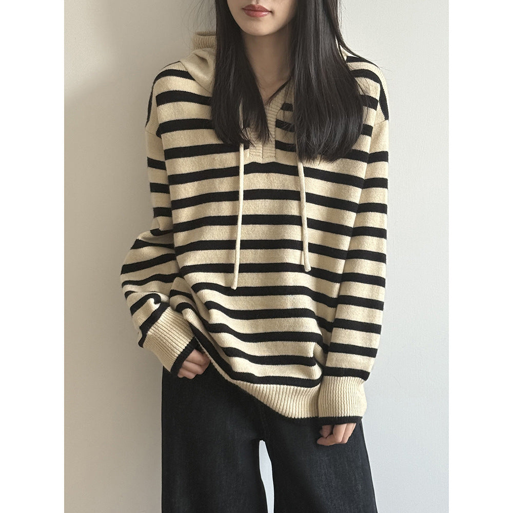 【Y899】實拍冬季條紋針織連帽毛衣251106
