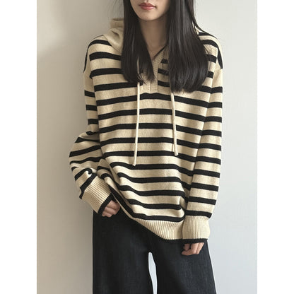 【Y899】實拍冬季條紋針織連帽毛衣251106