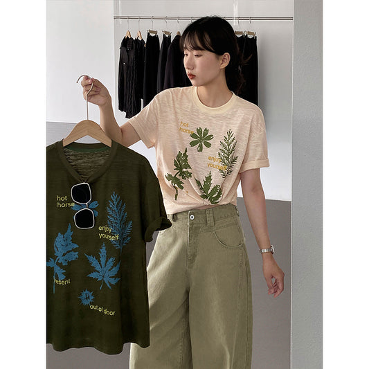 【cimz1973】夏日森林系女孩🍃韓系復古樹葉印花寬鬆高級感短袖T恤260709