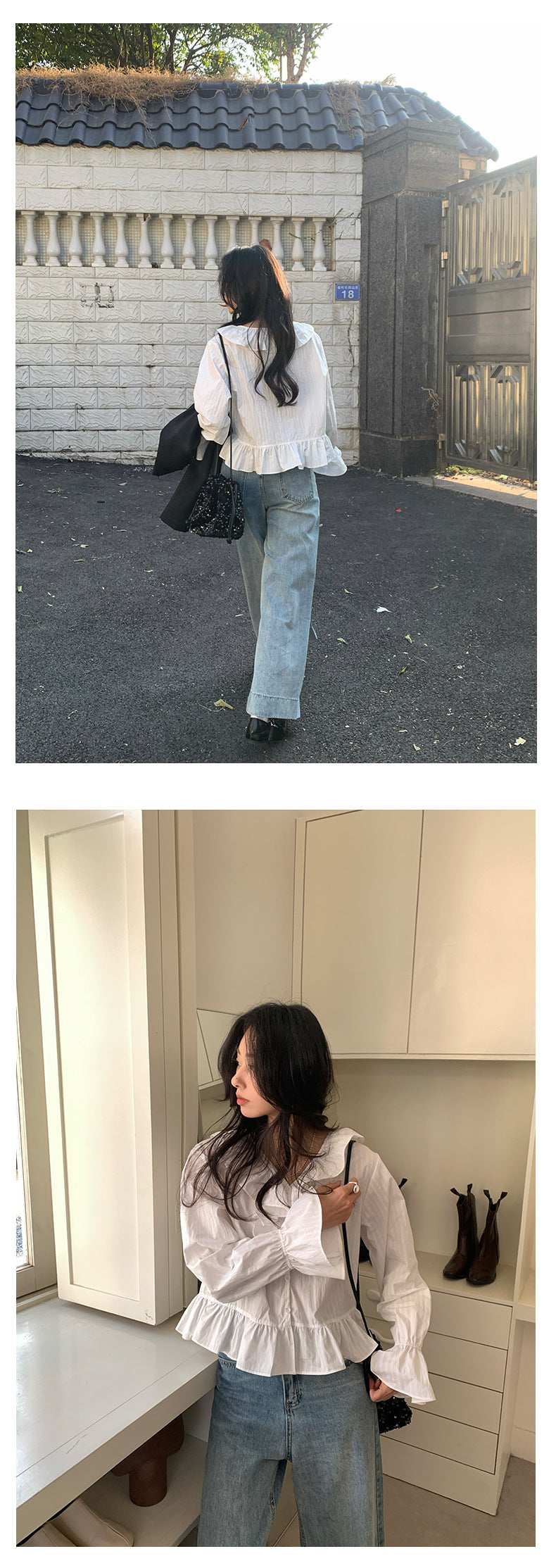 【H5009】實拍早春韓系荷葉V領泡泡袖襯衫250210