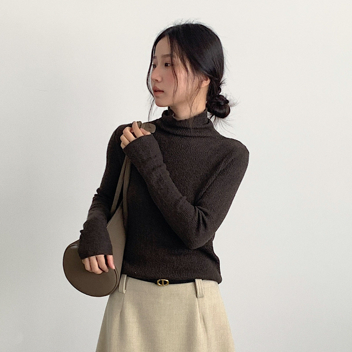 【LD11061】實拍紗網肌理超彈高領修身打底T恤251209