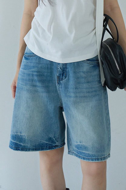 【LD11214】實拍美式復古休閒👖高腰水洗寬鬆直筒牛仔五分褲/中褲260331