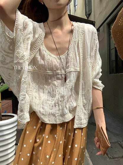 【L10711】法式浪漫仙女系🕊️重工精緻刺繡披肩+無袖蕾絲背心套裝260526