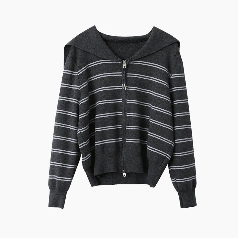 【LD11036】實拍雙頭拉鍊海軍領條紋針織開衫251202