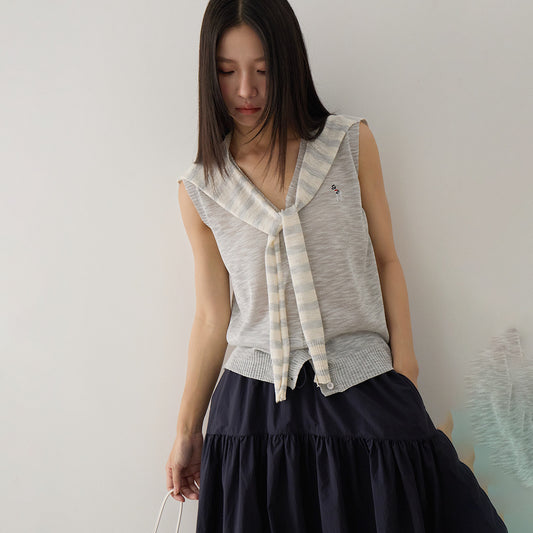 【L3072】實拍夏天韓國條紋披肩+刺繡針織背心250721