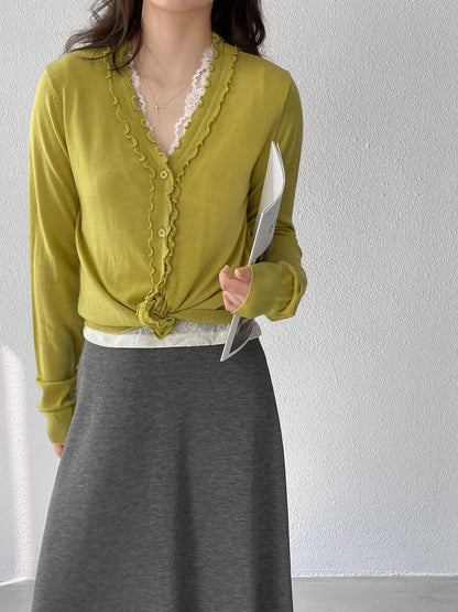 【cimz5643】韓系清新氧氣感🍃寬鬆顯瘦木耳邊V領花邊薄款針織上衣260319