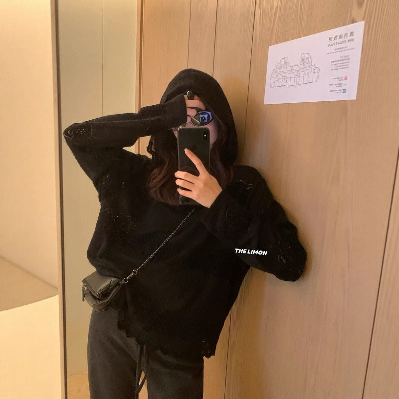 【L9359】實拍檸檬秋冬重工鈎花蕾絲寬鬆連帽蕾絲衫251117