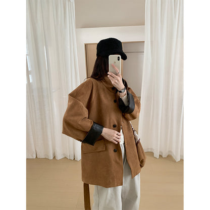 【H569】實拍復古個性皮革拼麂皮絨大衣外套＋麂皮肩背包251021