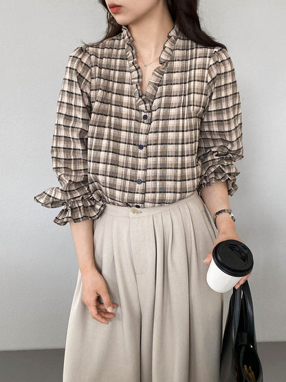 【cimz6509】復古浪漫主義🌹精緻木耳邊格紋長袖襯衫260319