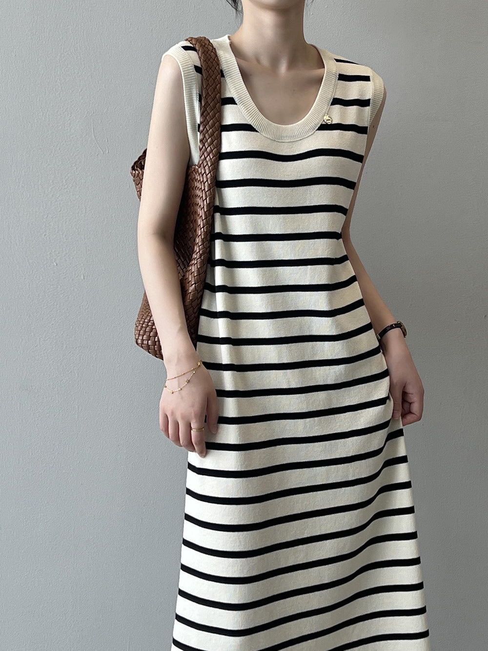 【YP535】實拍夏季法式無袖條紋背心連衣裙240410