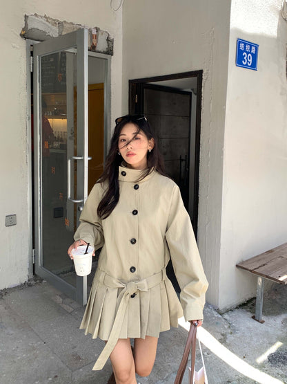 【H5400】實拍韓系慵懶卡其立領收腰風衣外套250902
