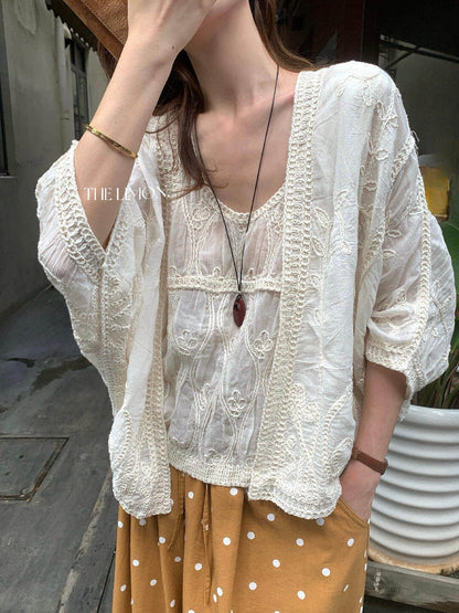 【L10711】法式浪漫仙女系🕊️重工精緻刺繡披肩+無袖蕾絲背心套裝260526