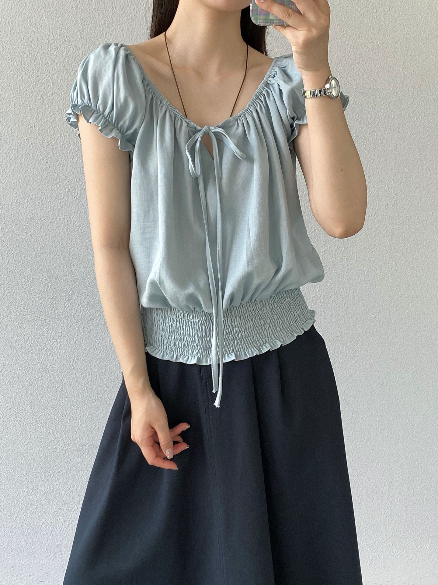 【cimz1897】法式復古甜美🎀天絲亞麻氣質收腰綁帶短袖襯衫260520