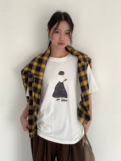 【LD3244】實拍文藝女孩磨毛短袖T恤251006