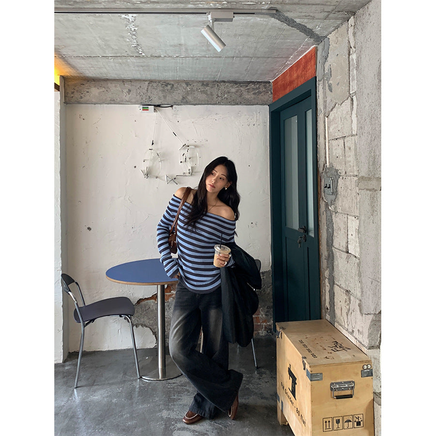 【H5402】實拍復古做舊洗水黑灰色廓形牛仔褲250902